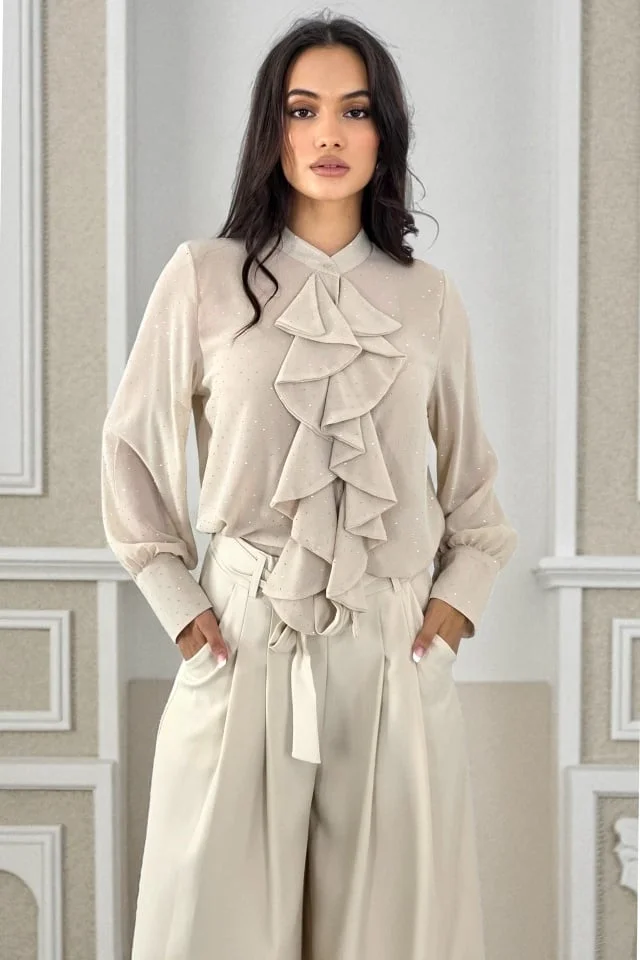 Camasa dama croi lung, Daliah cu volane si buline, Crem, Marime S/M