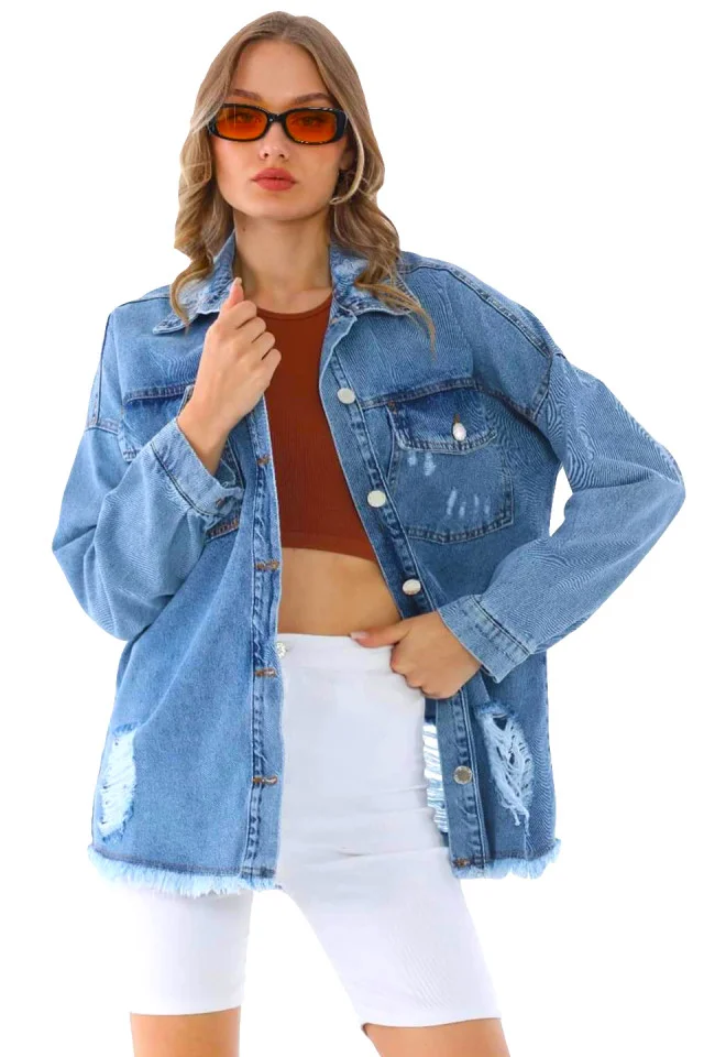 Camasa denim Sharin, croi lung, simetric si perforatii ample, Albastru