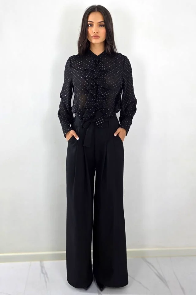 Camasa eleganta cu volane, Daliah si imprimeu buline, Negru, Marime S/M