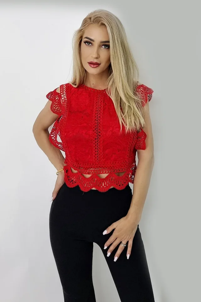 Camasa fara maneca Ryna din dantela, Rosu, Marime S/M
