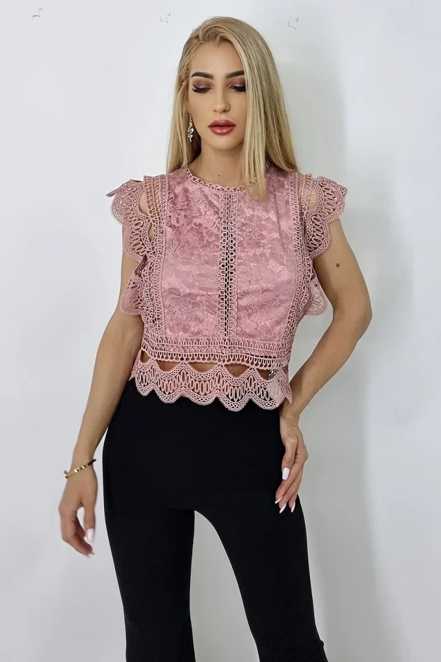 Camasa fara maneca Ryna din dantela, Roz, Marime S/M
