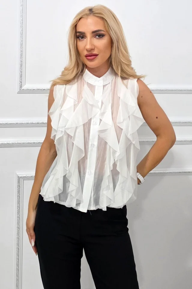 Camasa fara maneci din lyocell NIVA, cu volanase, Alb, Marime S/M