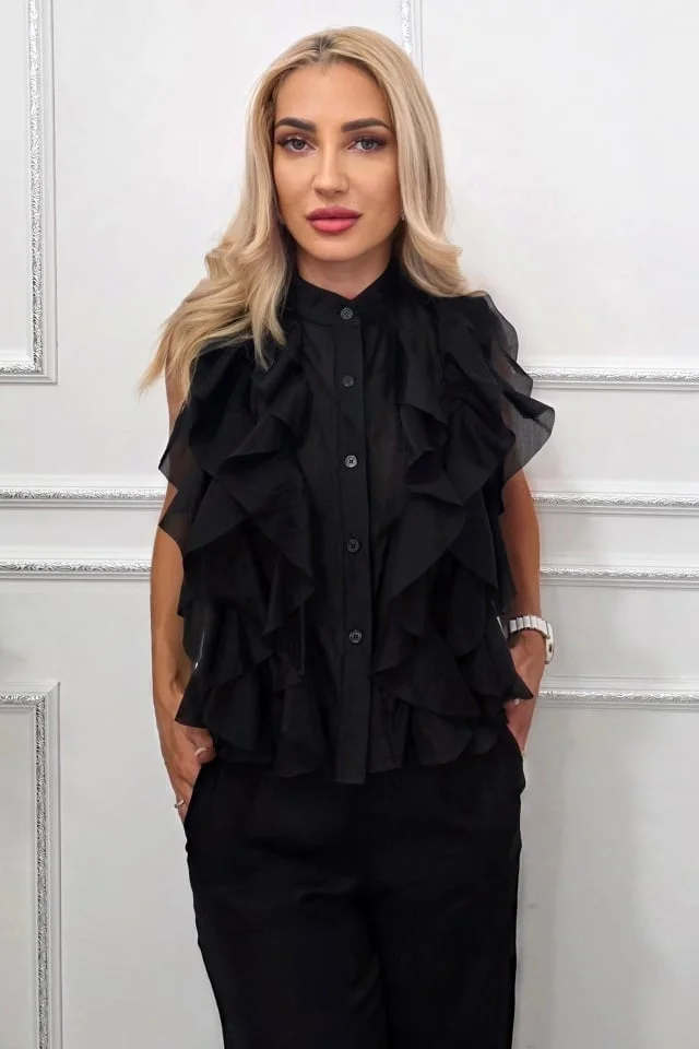 Camasa office cu volanase, din lyocell NIVA, Negru, Marime S/M