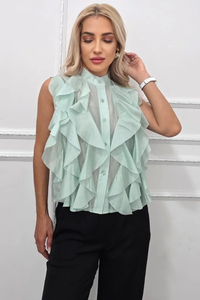 Camasa office cu volanase, din lyocell NIVA, Verde Menta, Marime S/M