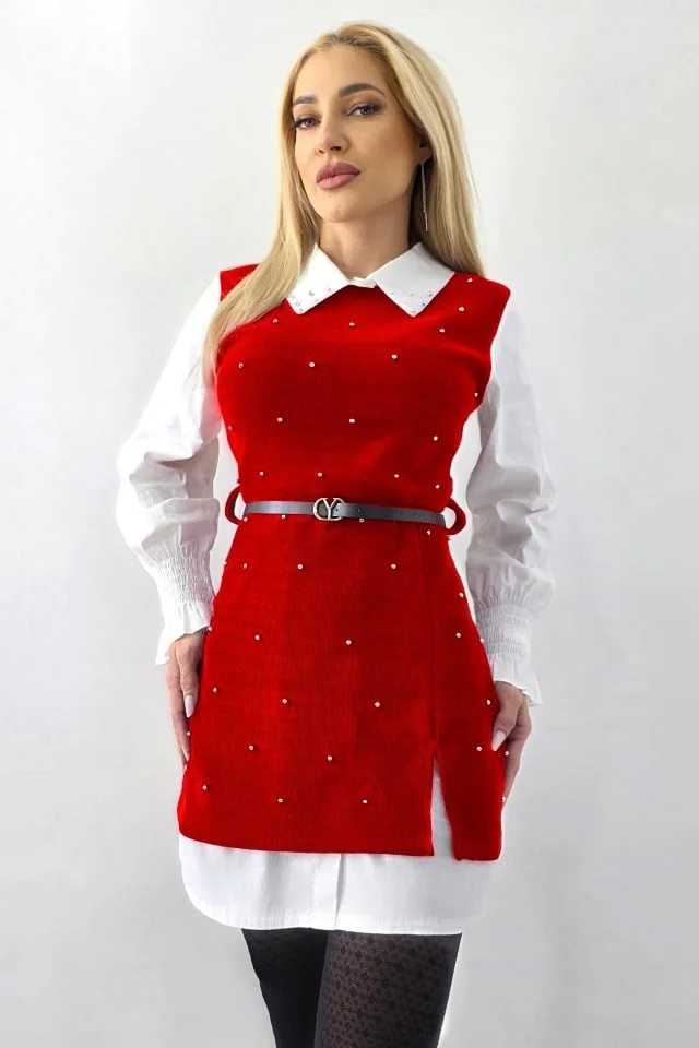 Camasa rochie Iuliana, cu sarafan aplicat si curea asortata, Rosu intens, Marime S/M