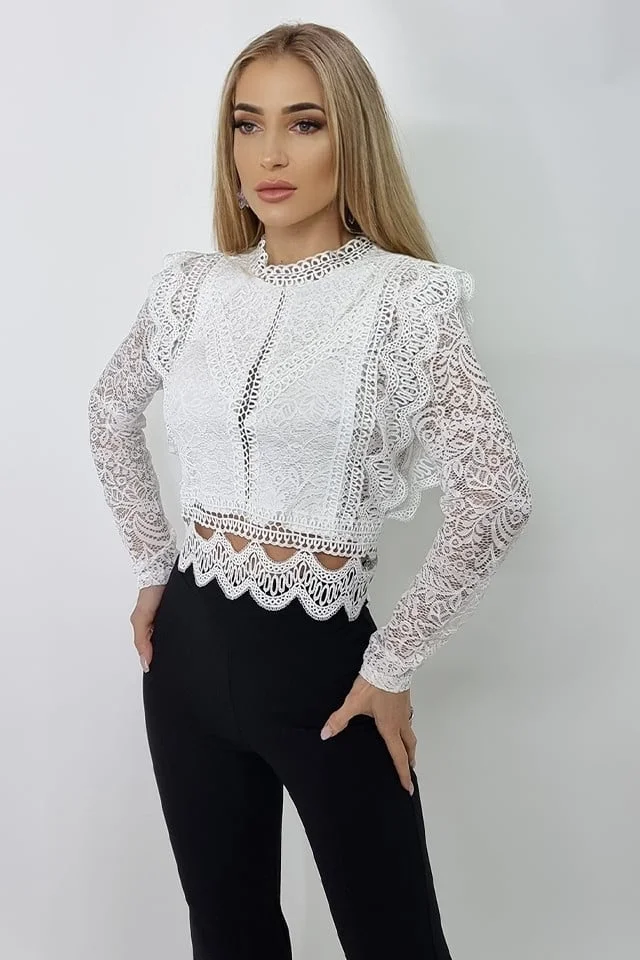 Camasa Ryna, cu maneci lungi, din dantela, Alb, Marime S/M