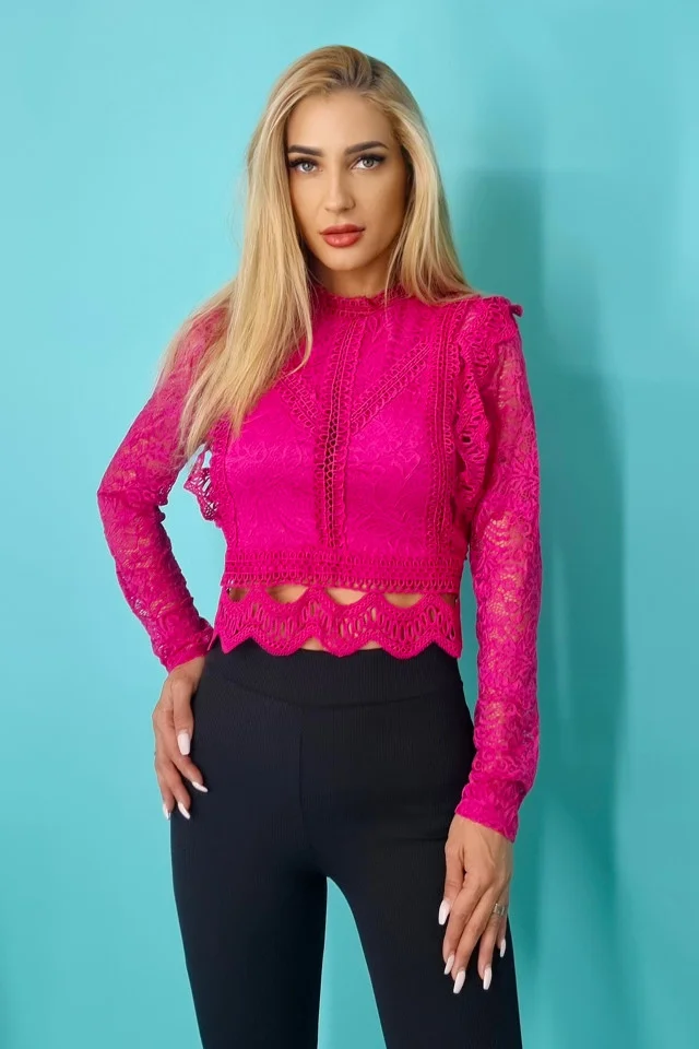 Camasa Ryna, cu maneci lungi, din dantela, Fucsia, Marime S/M