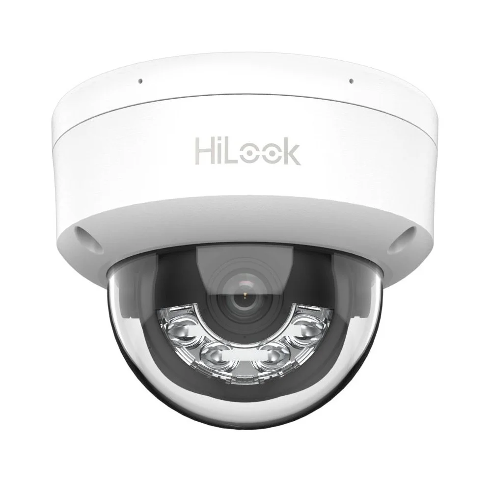 Camera supraveghere IP Dome cu iluminare duala Hikvision HiLook IPC-D120HA-LU, 2 MP, IR/lumina alba 30 m, 2.8 mm, microfon, detectare miscare, PoE