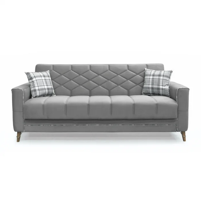 Canapea extensibila ALICE ONE, 3 locuri, cu arcuri si lada pentru depozitare, gri + print, 225x85x85 cm