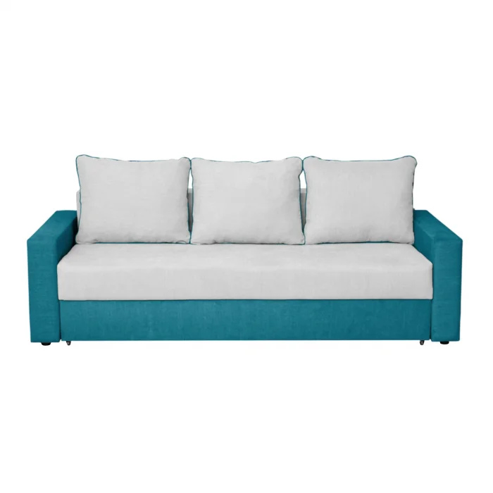 Canapea NICO II 3L extensibila, 3 locuri, cu arcuri si lada depozitare, albastru + gri deschis, 220x85x75 cm