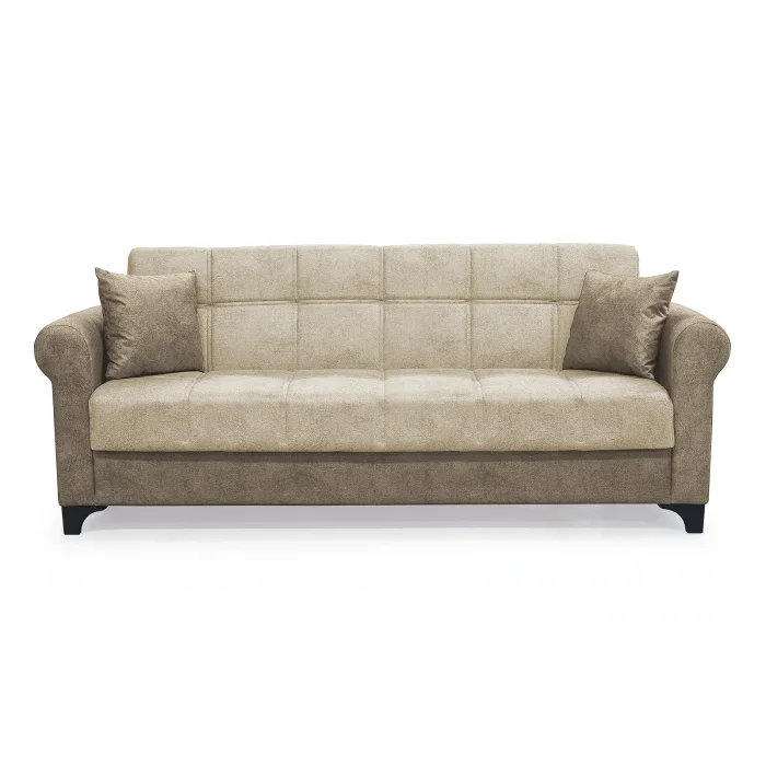 Canapea SALLY extensibila, 3 locuri, cu arcuri si lada depozitare, bej + maro, 215x80x83 cm