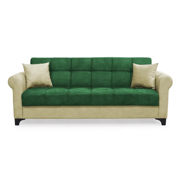 Canapea SALLY extensibila, 3 locuri, cu arcuri si lada depozitare, verde + bej, 215x80x83 cm