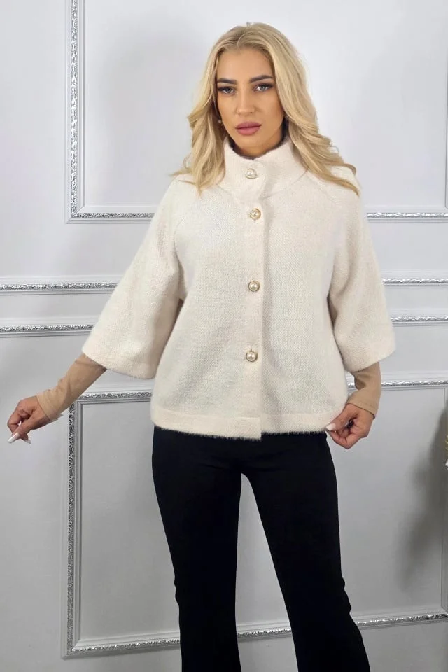 Capa cu maneca trei sferturi, VORRA si butoni perla, Alb, Marime S/M