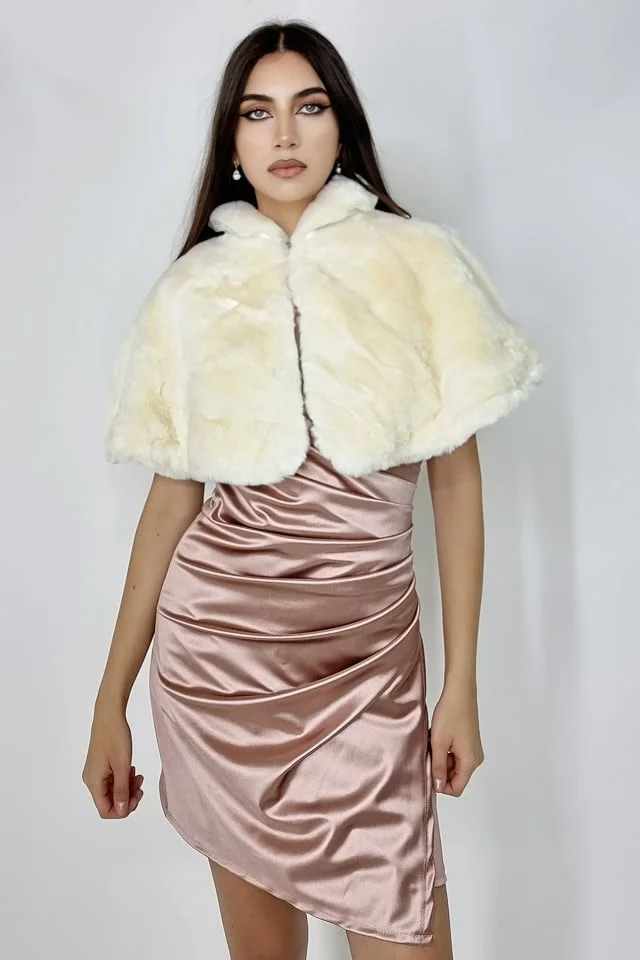 Capa tip bolero Savina, din blana ecologica, cu guler inalt, Alb unt, Marime universala S/M