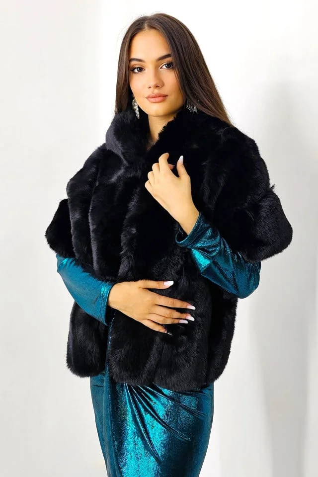 Capa tip sal din blana ecologica, Emeia, cu prindere in gaica, Negru, Marime OneSize