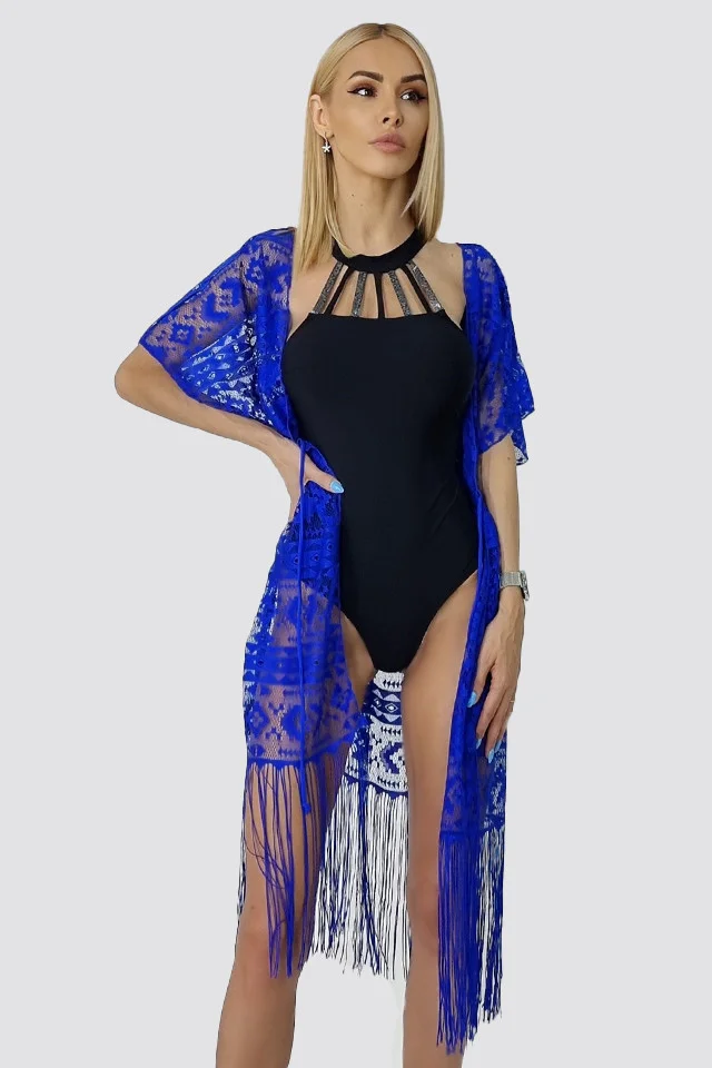 Cardigan de plaja Splendid, cu franjuri, Albastru indigo