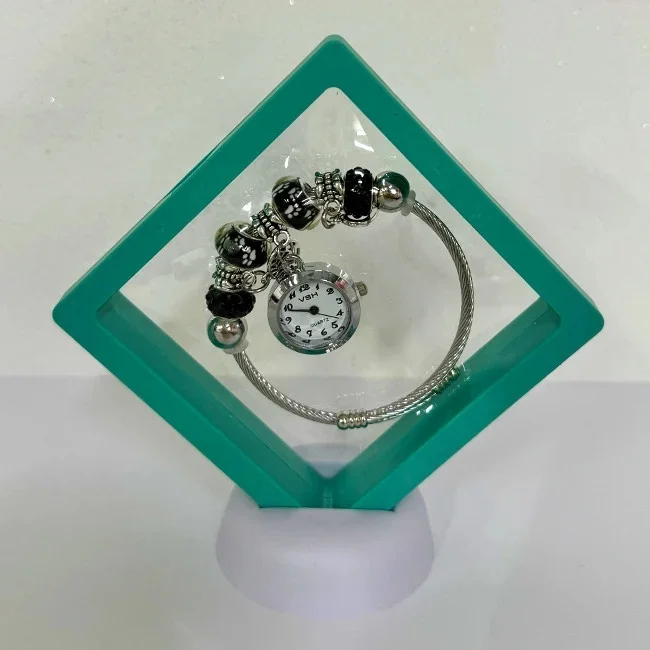 Ceas elegant Silver VSH cu pandativ, margele tip Murano si bratara reglabila, Verde