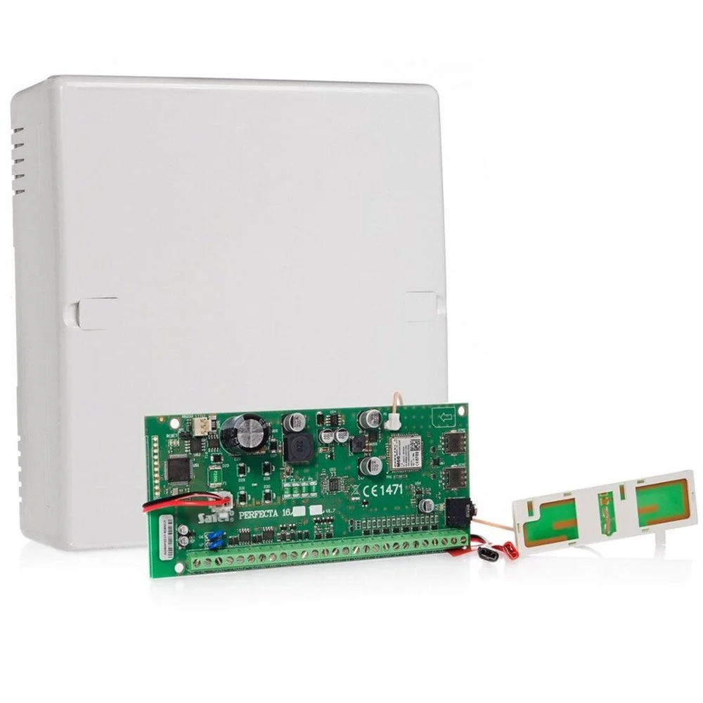 Centrala alarma antiefractie Satel PERFECTA 16 SET-A, 2 partitii, 8-16 zone, 4-12 iesiri, 15 utilizatori, antena