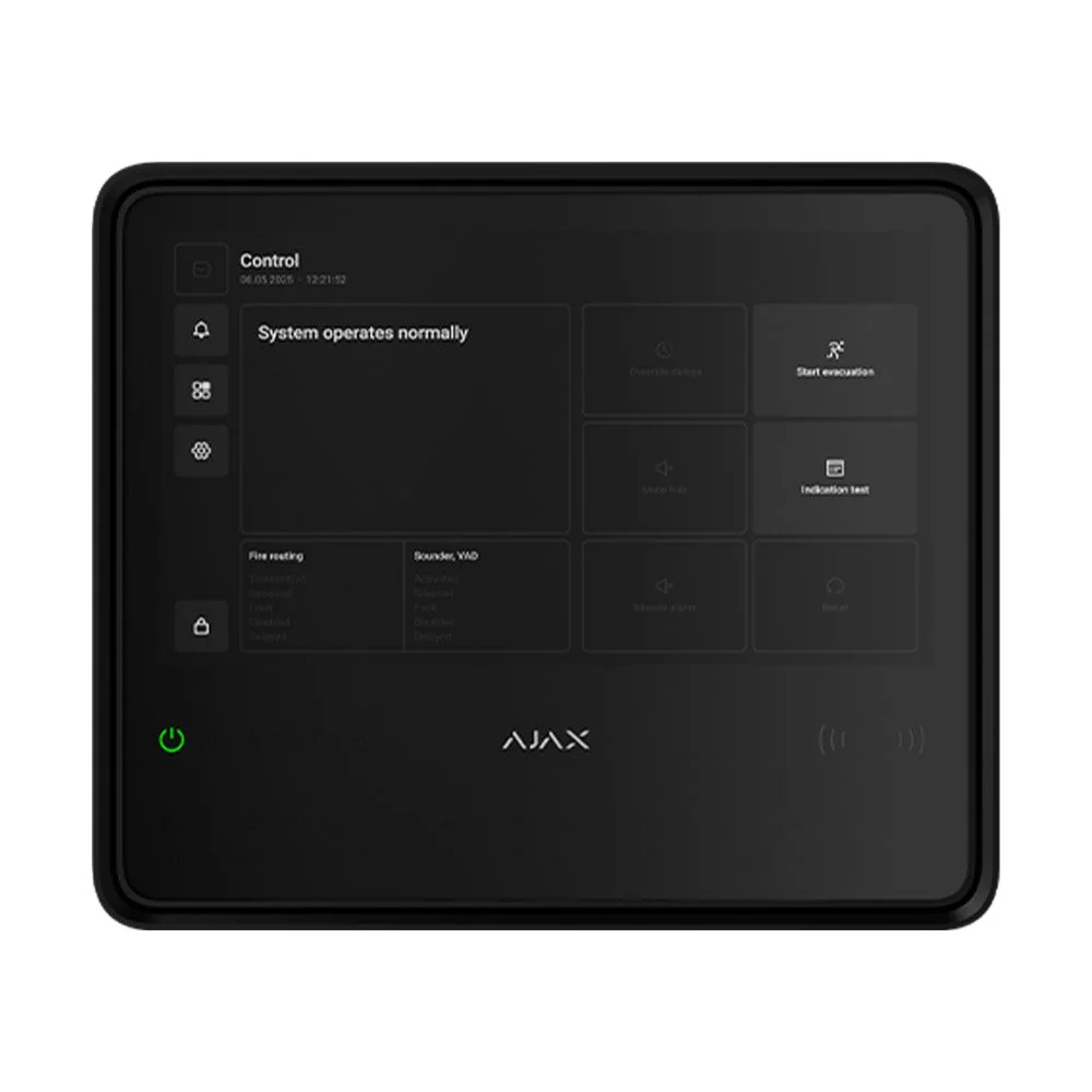 Centrala antiincendiu wireless adresabila Ajax Fire Hub EN 54, grad 2, WiFi, 2G/4G LTE, 868.0 - 922.0 MHz, touch screen 10.1 inch, 40 zone, sirena 60dB, negru