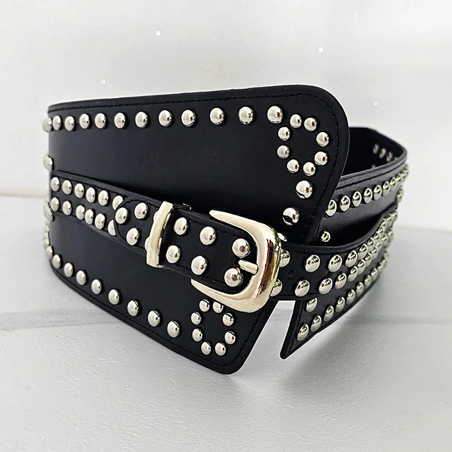 Centura corset cu catarama Teo Star, elastica, din piele ecologica cu detalii metalice, Negru