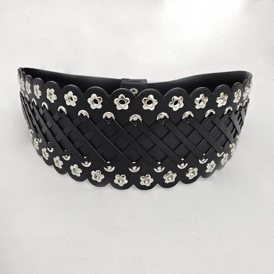 Centura corset Ming, din piele ecologica, elastica, cu tinte florale, Negru