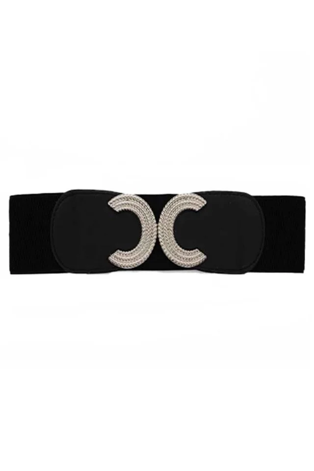 Centura corset Tent neagra, lata, din piele ecologica, elastica cu catarame in forma de "C"