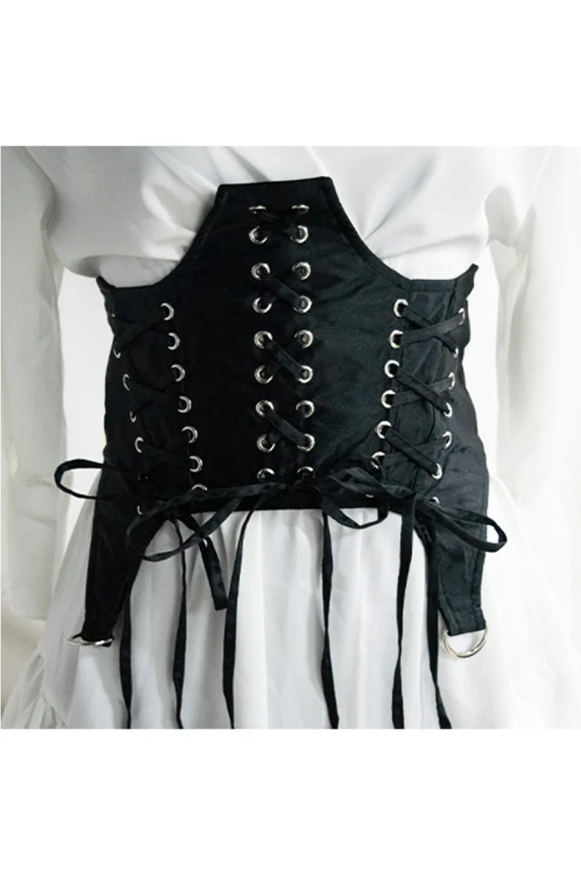 Centura corset Triple neagra, lata, din piele ecologica, cu banda elastica si snururi