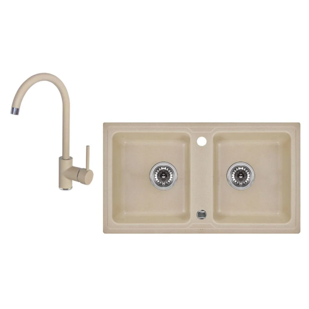 Chiuveta bucatarie compozit doua cuve si baterie nisip Deante, Zorba