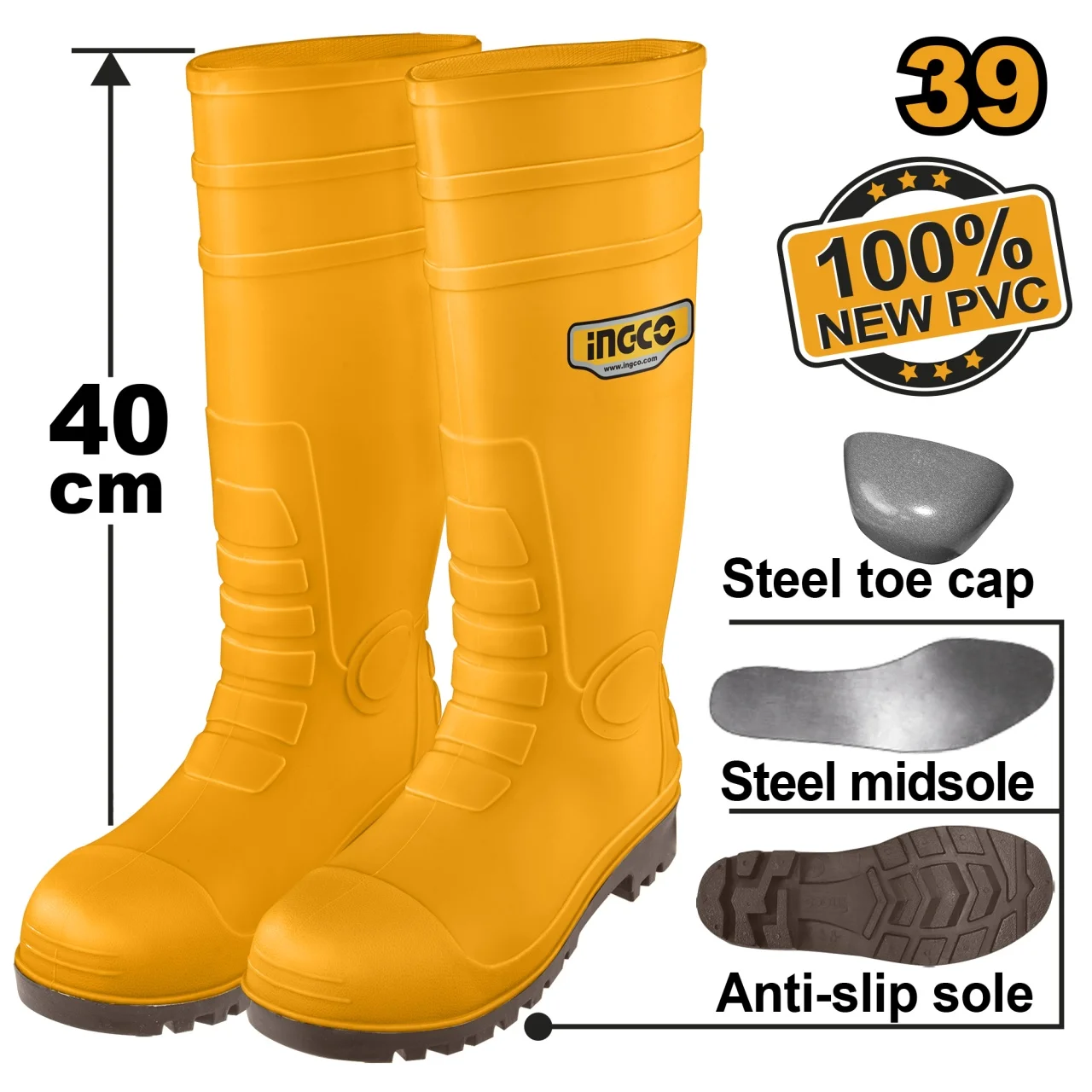 Cizme Cauciuc Galbene cu Varf Talpa Metalica 46 INGCO SSH092S1P.46