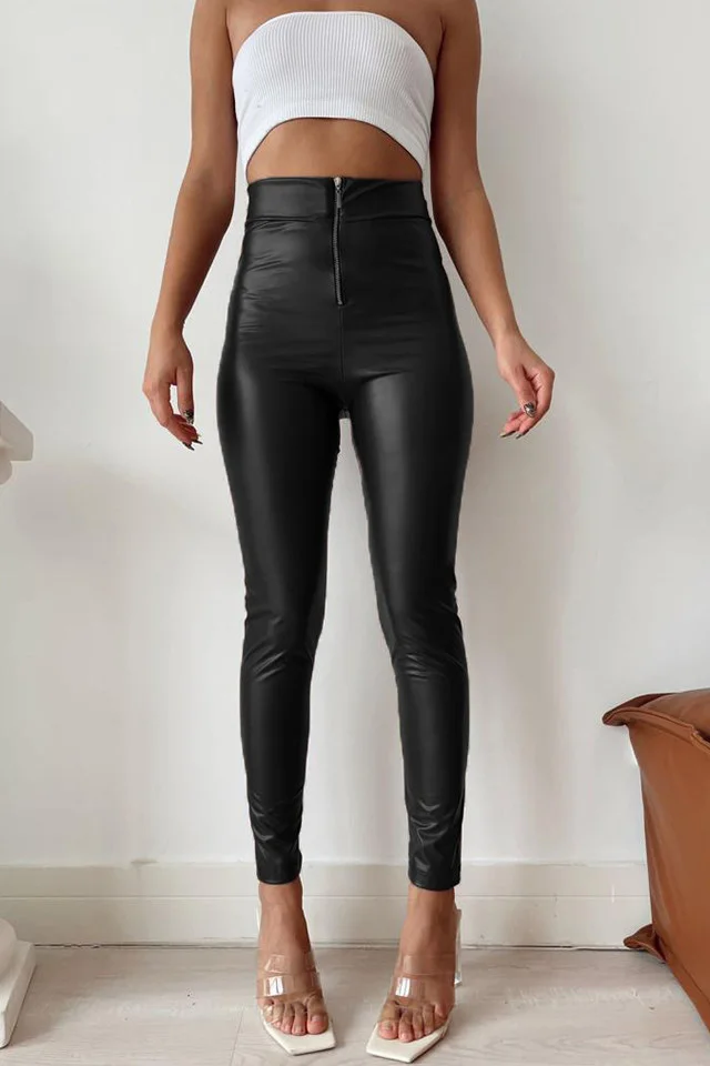 Colanti DYM, din piele ecologica, cu fermoar si talie inalta, Negru