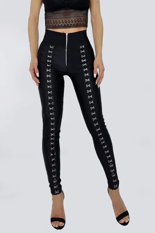 Colanti Elisei, cu capse metalice, fermoar in fata si textura lucioasa, Negru, Marime universala S/M