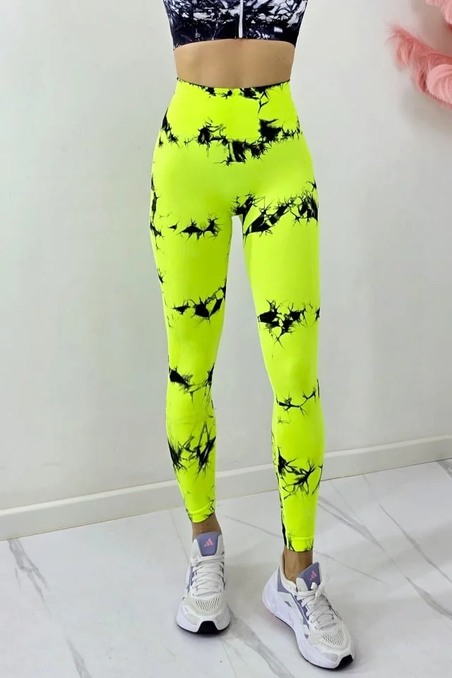 Colanti fitness cu nervuri, Kabyn, push up si banda talie, Galben Neon-Negru