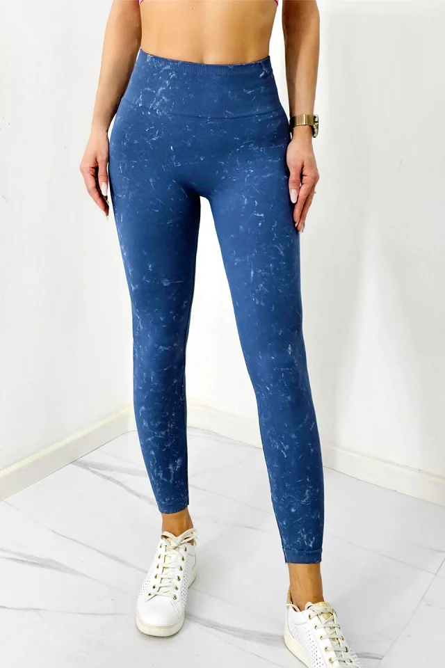 Colanti fitness Kabyn, cu imprimeu, push up si banda modelatoare, Albastru petrol