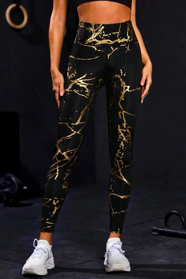 Colanti fitness Metallic Gold, cu banda lata modelatoare si imprimeu auriu