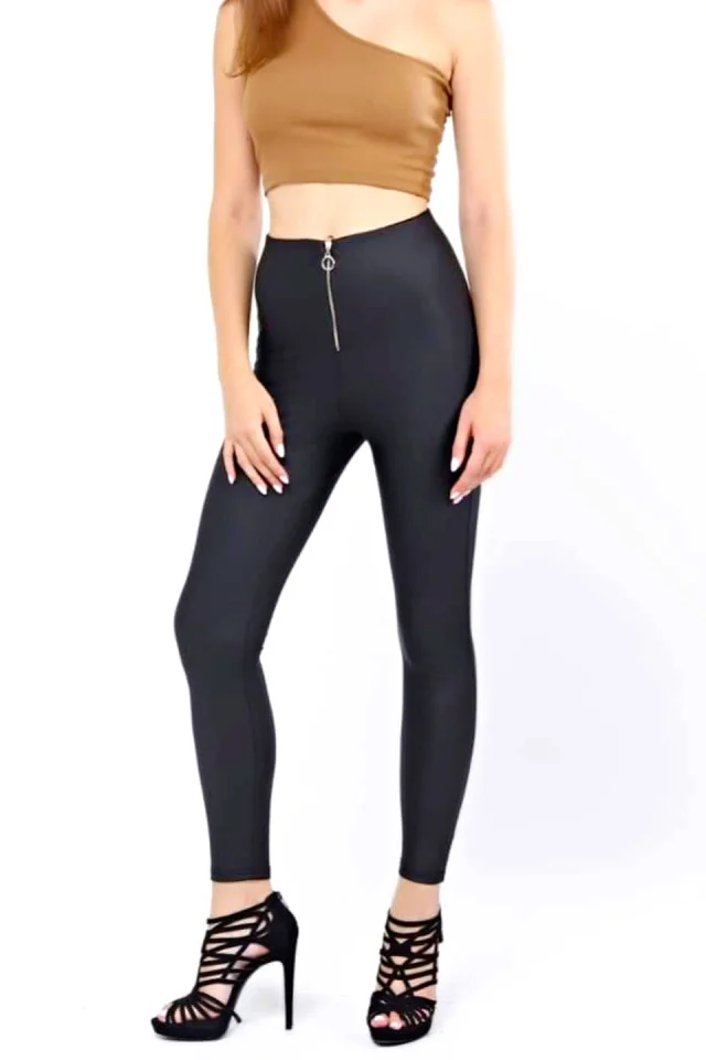 Colanti fitness Velly, piele eco, cu fermoar si aspect mat, Negru