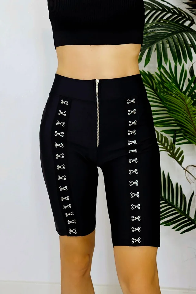 Colanti scurti Why Not, cu capse metalice si fermoar in fata, Negru