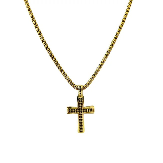 Colier unisex din inox, Promise, cu pandativ tip cruce, ambalat in cutie deosebita, Auriu/Negru