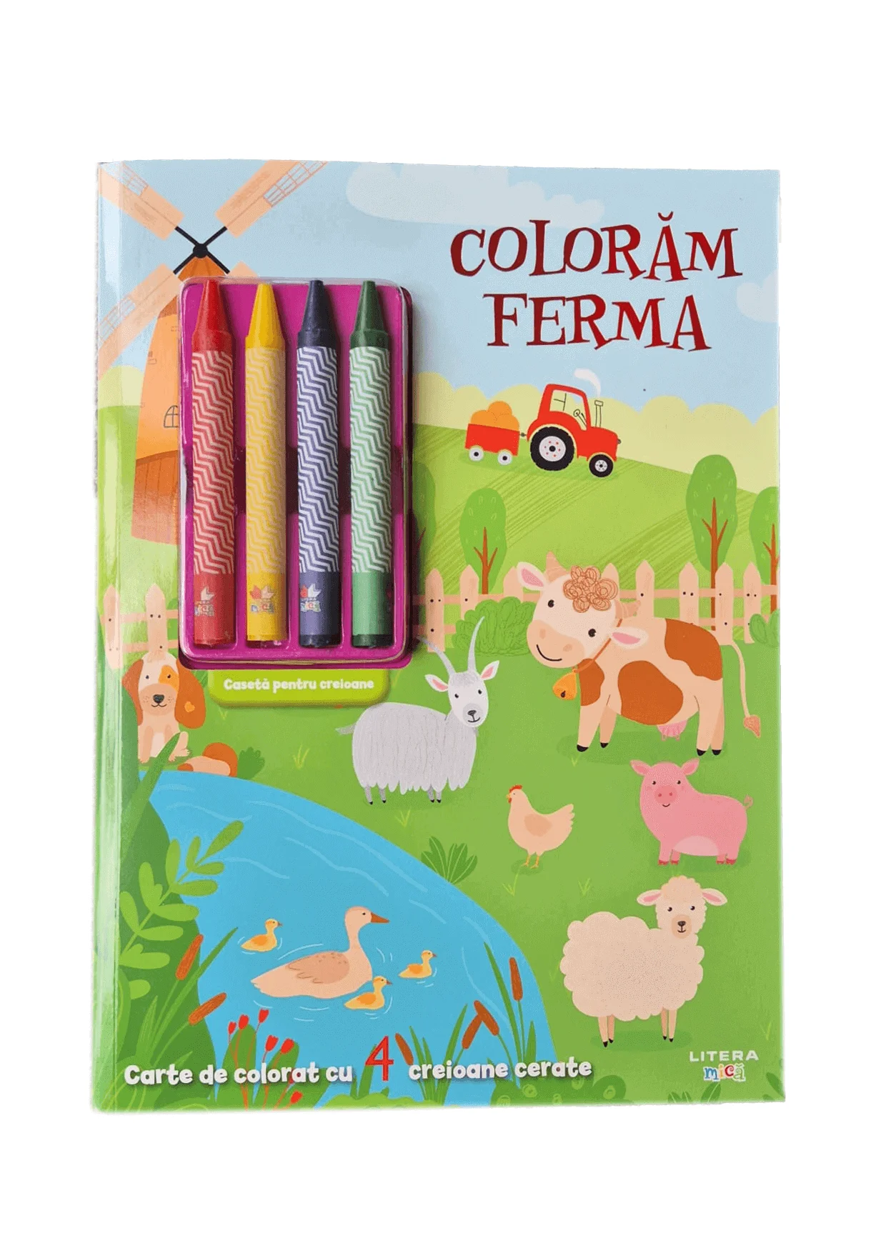 Coloram ferma. Carte de colorat cu 4 creioane cerate