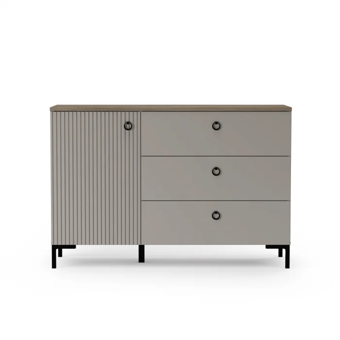 Comoda DOMINICA, 1 usa, 3 sertare, taupe + stejar silverjack, 120x41x81 cm
