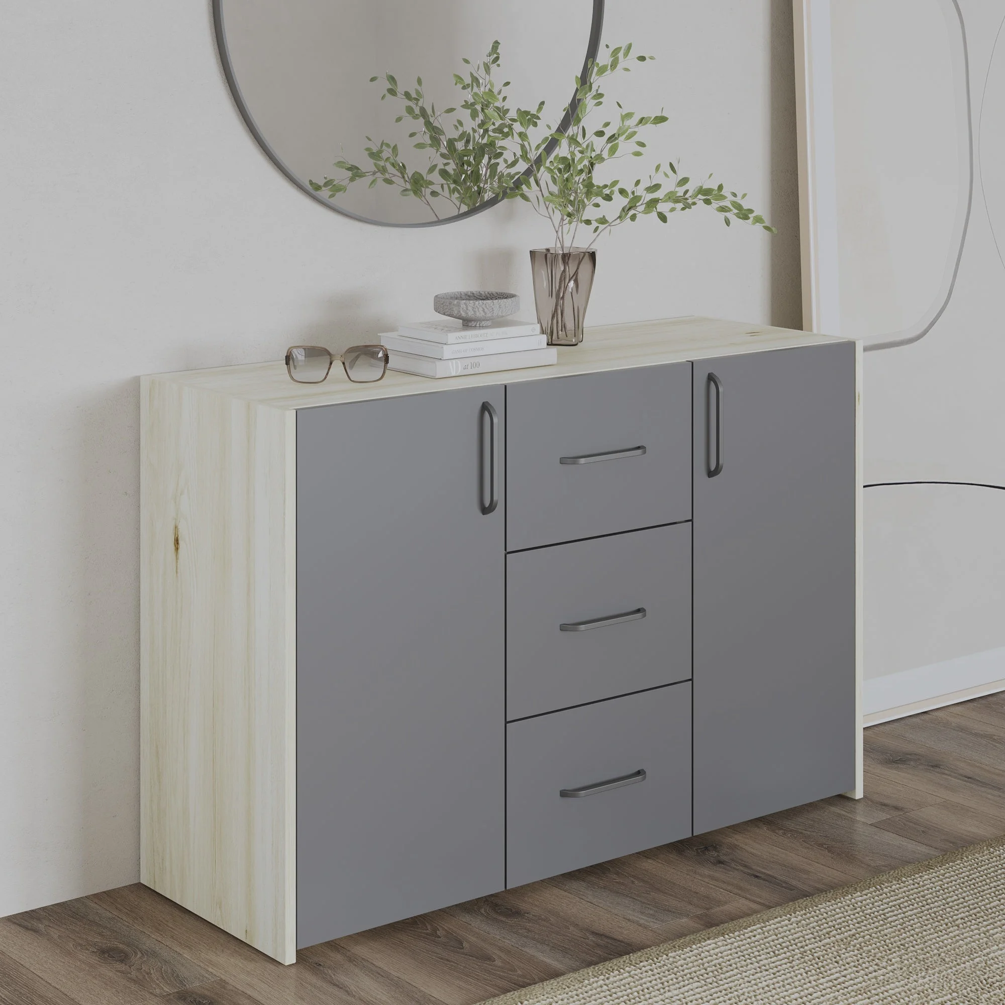 Comoda Malmo, 3 Sertare, 2 Usi, Stejar Alb/Antracit, 120 x 42 x 80 cm