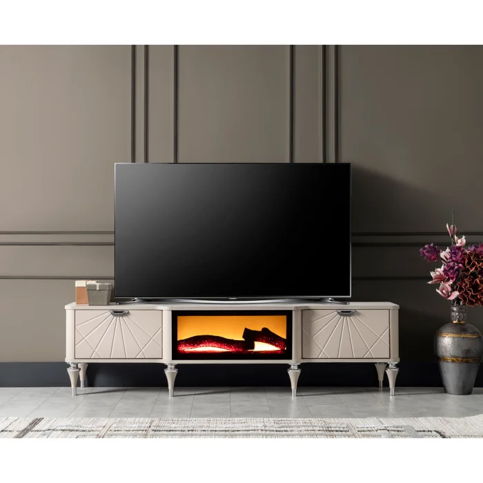 Comoda TV MONACO, cu semineu, crem, 180x40x48 cm