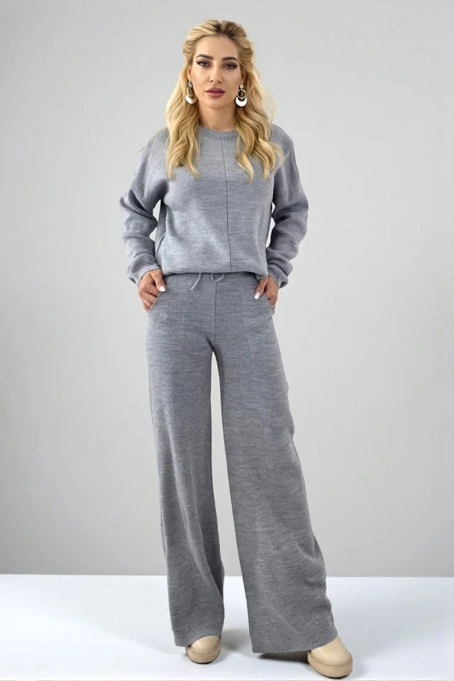 Compleu casual cu lana ELETRA, bluza asimetrica si cristale laterale, GRI, Marime M/L