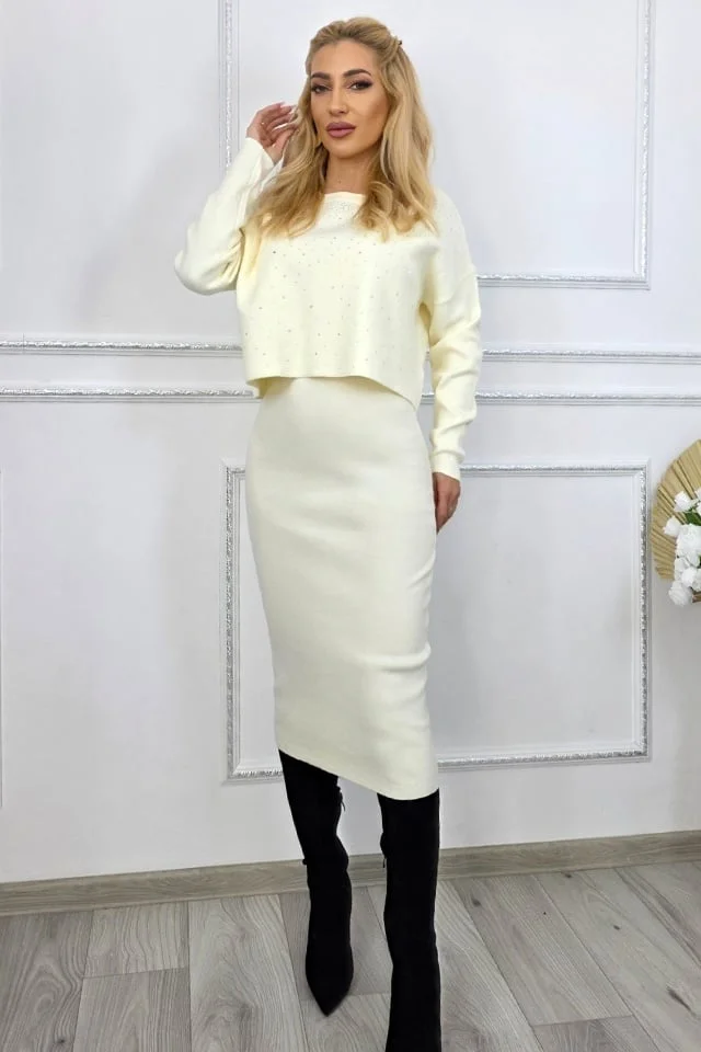 Compleu casual cu rochie Caryne si bluza scurta oversize, ALB Ivory, Marime S/M