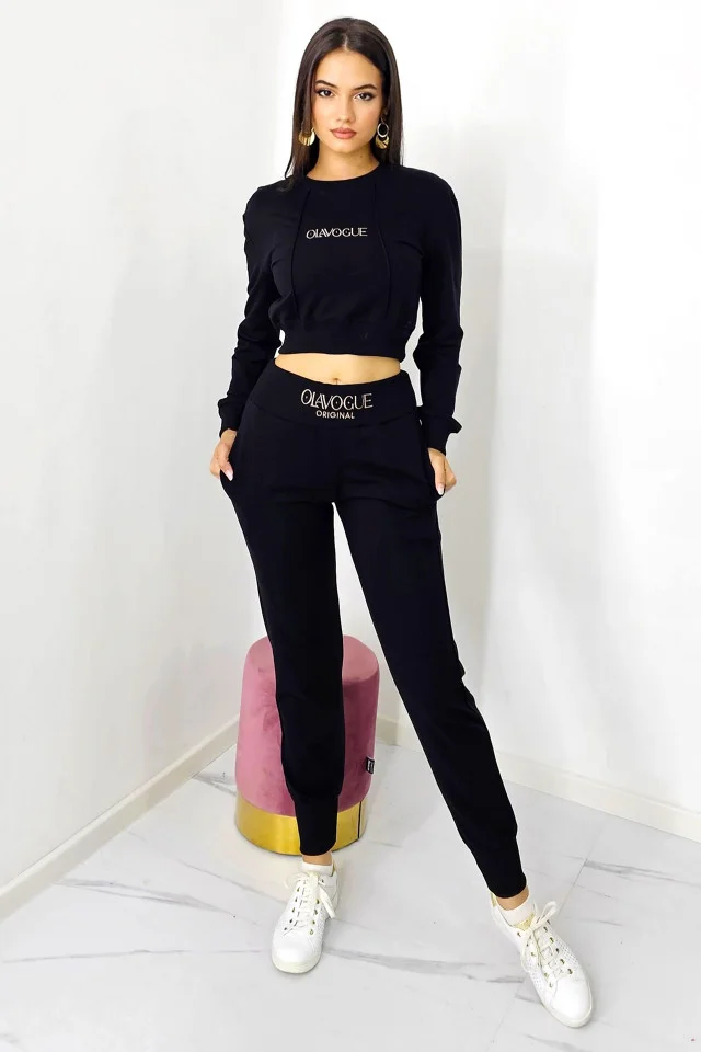 Compleu casual, OlaVogue, pantaloni cu buzunare si bluza crop, Negru