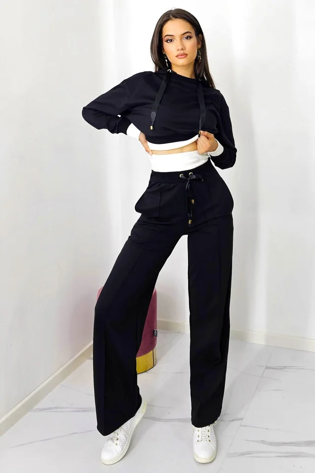 Compleu casual, Stability, pantaloni lejeri cu buzunare si bluza cu gluga, Negru/Alb