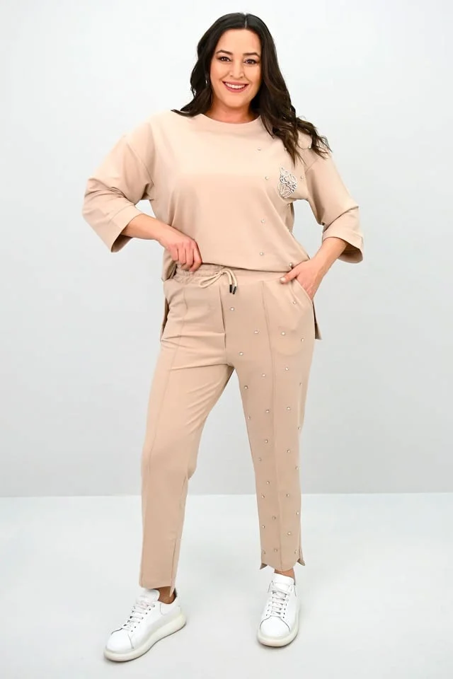 Compleu casual TAYRA, pantaloni asimetrici si bluza cu strasuri, BEJ Nude