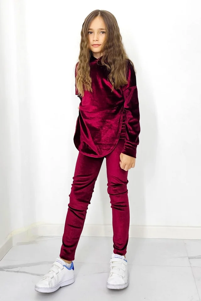 Compleu casual, Zoya Kids, din catifea, cu pantaloni slim si bluza cu gluga, Burgundy