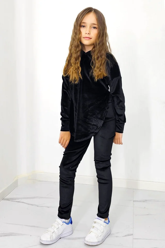 Compleu casual, Zoya Kids, din catifea, cu pantaloni slim si bluza cu gluga, Negru