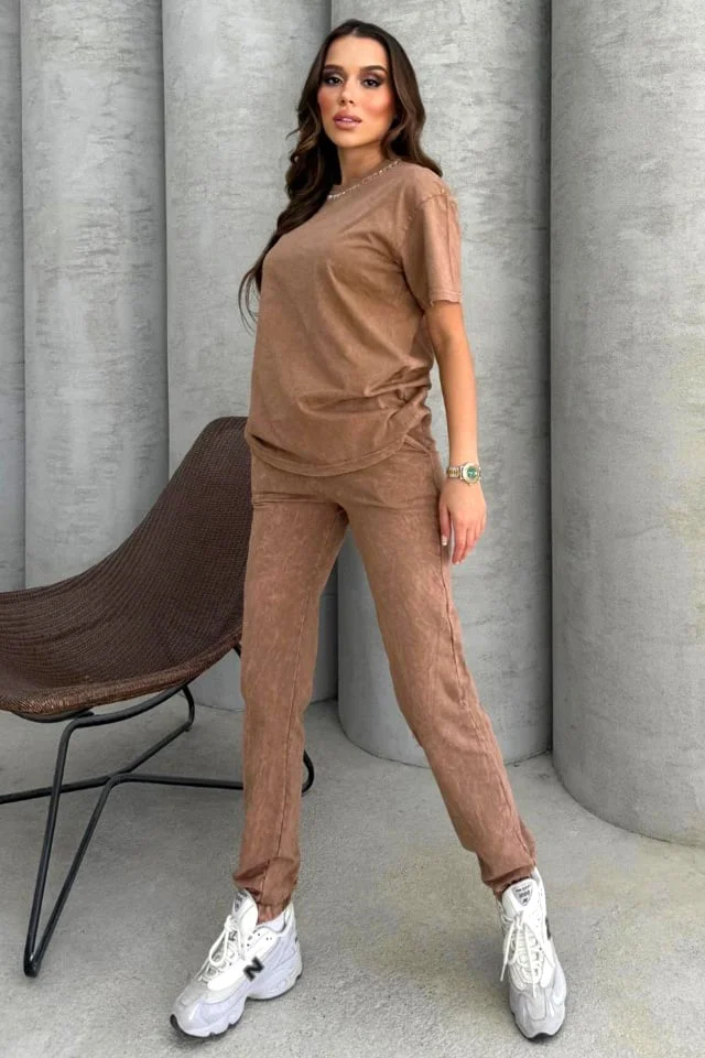 Compleu catifelat RAVEL, cu tricou stilizat si pantaloni cu snur, BEJ