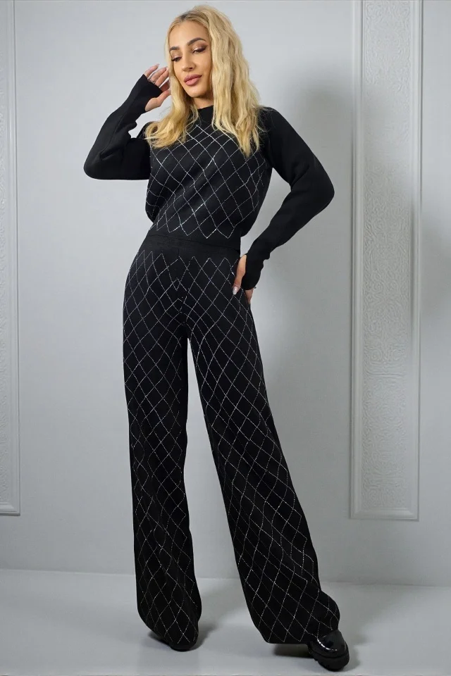 Compleu cu lana si cristale Rewe Mirage, pantaloni si jerseu, Negru, Marime S/M/L